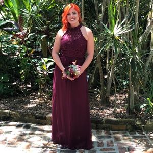 Floor length wine color & sequin bridesmaid dress